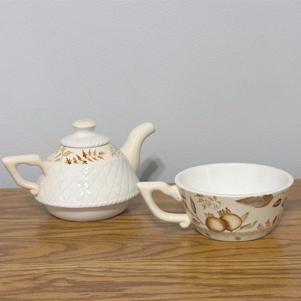 Tracy Porter Hand Painted Tea For One Set Stackable Teapot Cup Autumn Botanical‎